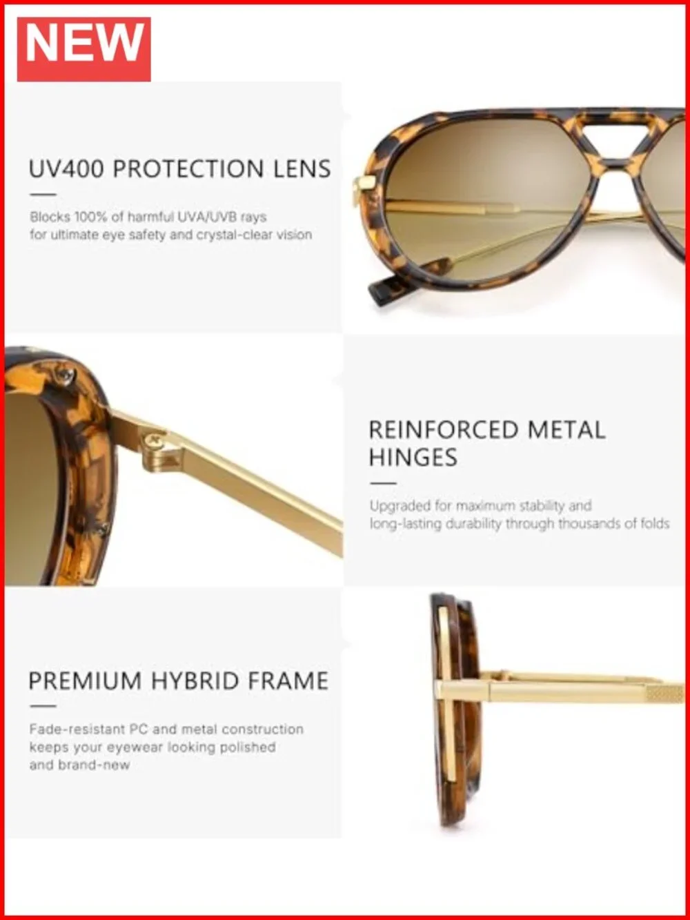 Oversized Metal Aviator Sunglasses with UV Protection